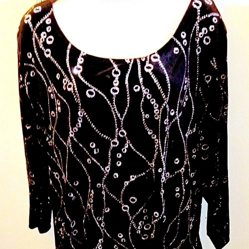 Notations black velvet women's top with silver sequined embellished pattern